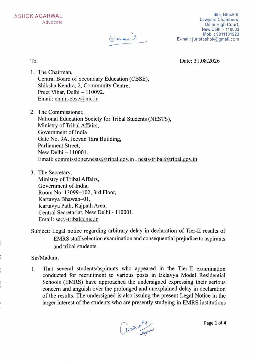 socialjurist's tweet photo. Legal notice regarding arbitrary delay in declaration of Tier-II results of EMRS staff selection examination and consequential prejudice to aspirants and tribal students https://t.co/71iHH2ff14