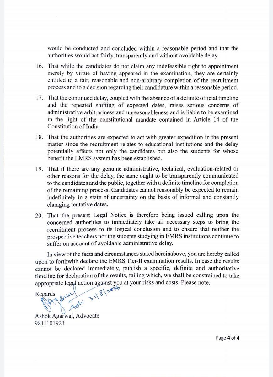socialjurist's tweet photo. Legal notice regarding arbitrary delay in declaration of Tier-II results of EMRS staff selection examination and consequential prejudice to aspirants and tribal students https://t.co/71iHH2ff14