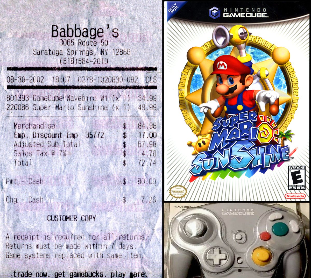 matthewhenzel's tweet photo. Another old video game receipt, from August 30th, 2002: #GameCube #SuperMarioSunshine #WaveBird #Babbages #VGOReceipt #VGO #VideoGameObsession https://t.co/QV4ibqI1Ja