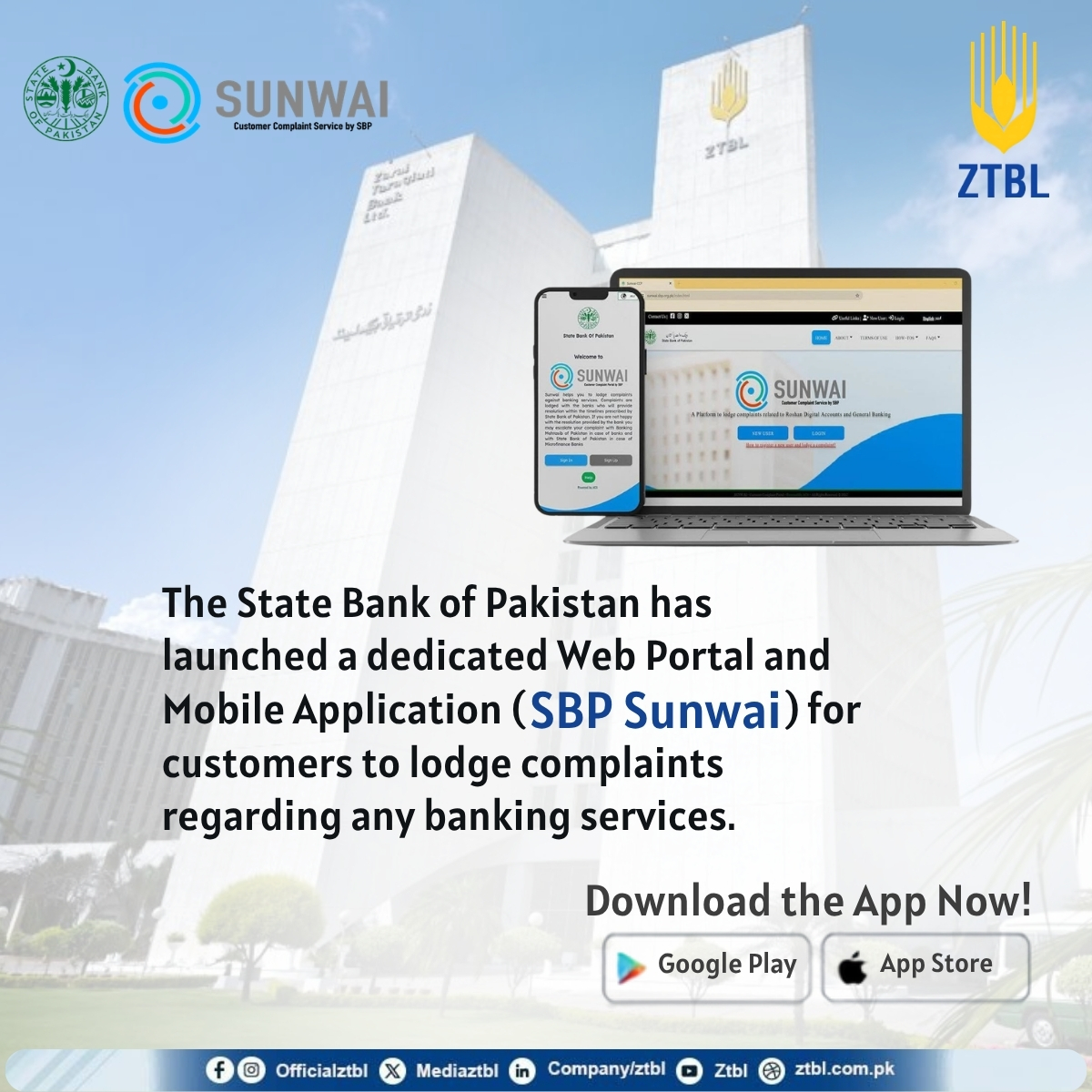 MediaZtbl's tweet photo. The State Bank of Pakistan has launched a dedicated Web Portal and Mobile Application (SBP Sunwai) for customers to lodge complaints regarding any banking services. "Sunwai-CCP" https://t.co/DxeEMJcCQS
#SBP #Sunwai #complaints #portal #RDA #GeneralBanking #ZTBL https://t.co/pr1BnCFgTb