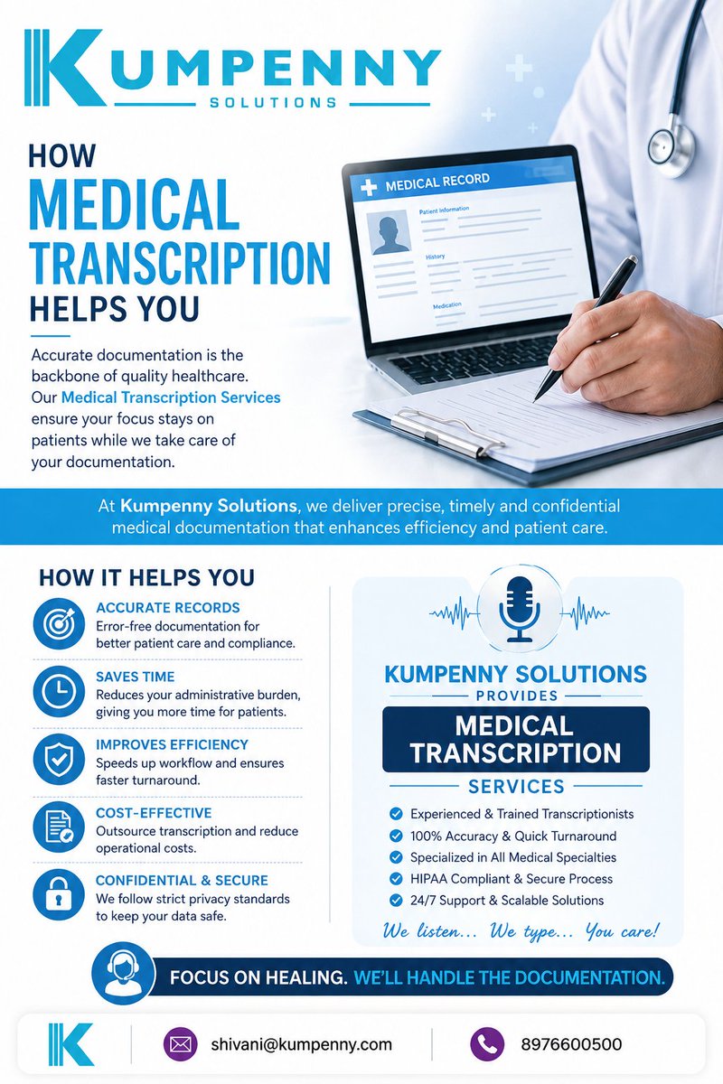 kumpenny2's tweet photo. 🩺 Kumpenny Solutions Provide Accurate Medical Transcription Services
In healthcare, every word matters.  Our Accurate and timely Medical Transcription helps healthcare professionals make informed decisions while allowing them to focus on patient care.
Contact us :-
📞 8976600500 https://t.co/lHLbsl3jJa