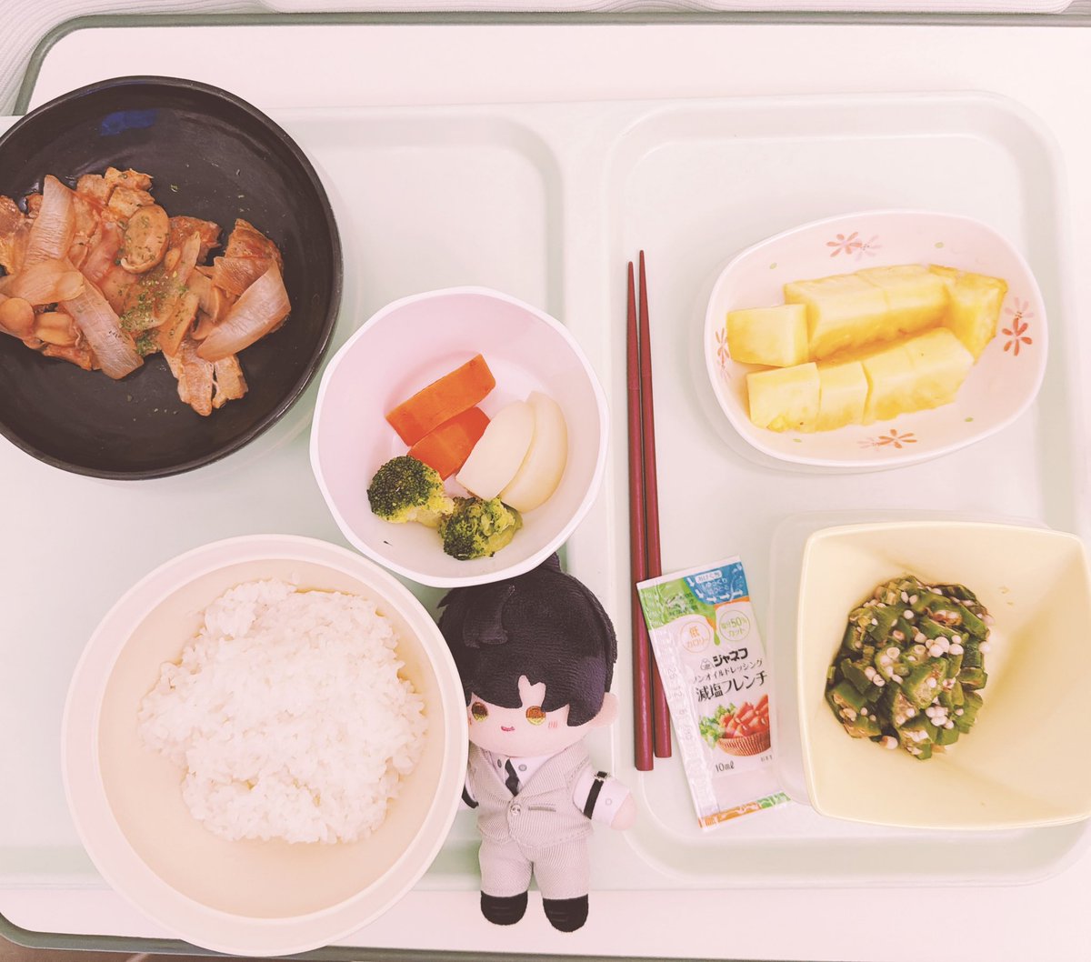 hibidoukou's tweet photo. 6日目   夕飯

はじめてひき肉じゃないお肉出た！
それにしても野菜と乳酸菌ください😭 https://t.co/nNezDTIx73