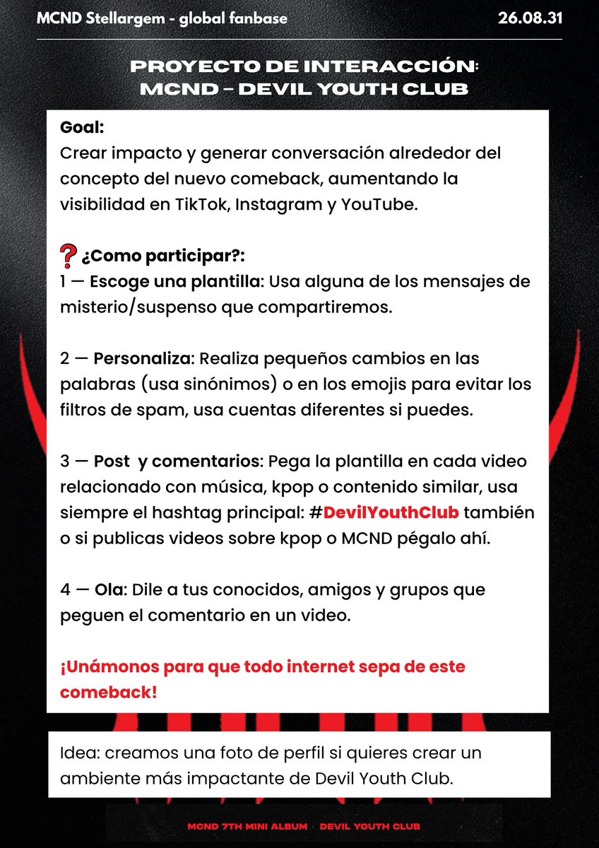 MCNDStellargem's tweet photo. 🚨 [SOCIAL MEDIA] [ENG - ESP]
‼️MUST READ ‼️

Global GEM, Check the images for our #DevilYouthClub interaction project &amp; let’s hype this comeback together! 🗣️🔥  

➡️ Templates below this post!

#MCND #엠씨엔디  @McndOfficial_ https://t.co/OyNA9LUqql