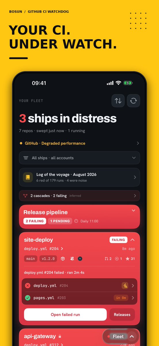 lupodevelop's tweet photo. There’s a special kind of developer fatigue in checking GitHub Actions for the tenth time.

Jumping between repos. Finding the failed job. Digging through logs. Rerunning a flaky workflow that failed for no good reason.

I got tired of it.

So I built Bosun.

#buildinpublic #ios https://t.co/NeawTDz6np