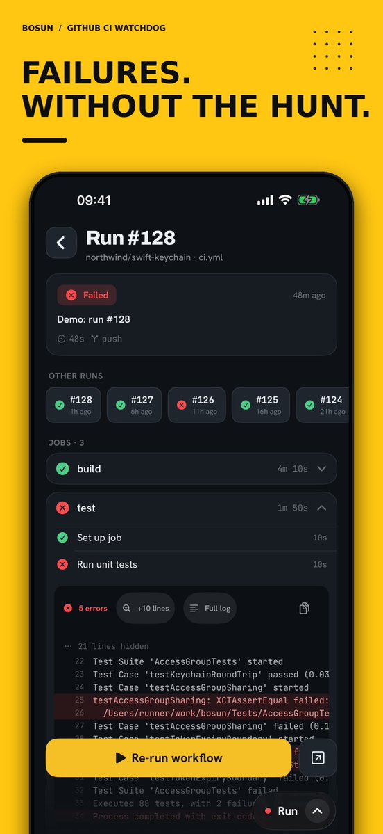 lupodevelop's tweet photo. There’s a special kind of developer fatigue in checking GitHub Actions for the tenth time.

Jumping between repos. Finding the failed job. Digging through logs. Rerunning a flaky workflow that failed for no good reason.

I got tired of it.

So I built Bosun.

#buildinpublic #ios https://t.co/NeawTDz6np