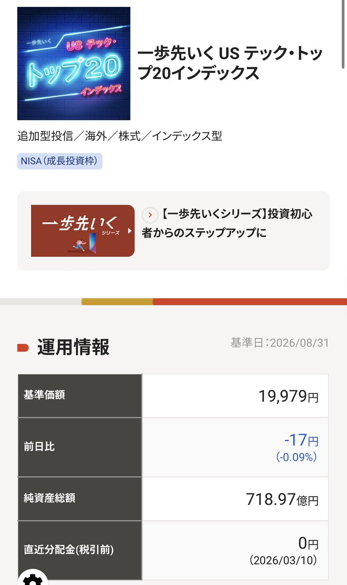 beikokuNISA's tweet photo. 8月31日基準価額

ニッセイNASDAQ100
28,094円（-88円）-0.31%

ニッセイ・S米国グロース株式メガ10
11,293円（+69円）+0.62%

一歩先いく US テック・トップ20
19,979円（-17円）-0.09%

#新NISA #米国株 #ニセナス #一歩テック #SP10 #ゴルナス https://t.co/psZVXiBMh9