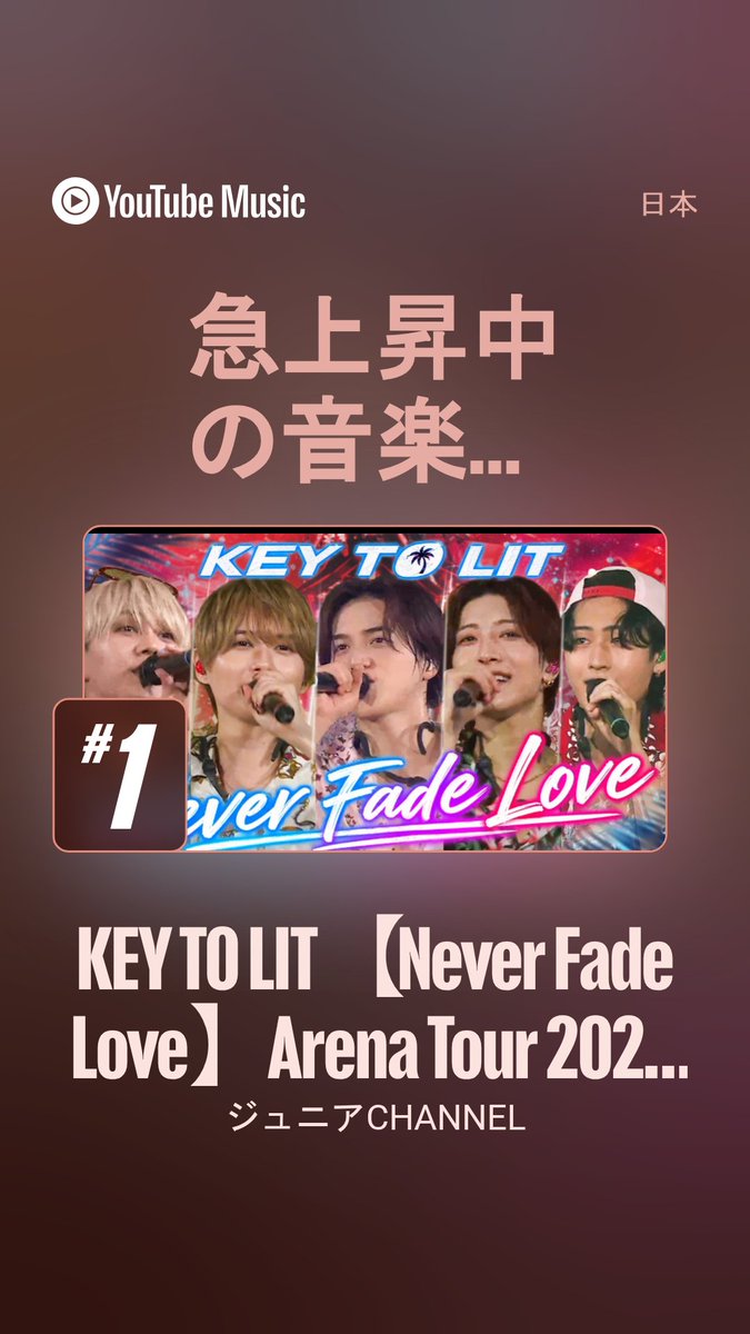 81kt___mz's tweet photo. 急上昇1️⃣位❤️‍🔥❤️‍🔥❤️‍🔥

#KEYTOLIT_NeverFadeLove
#きてちゅリンクシェア

KEY TO LIT【Never Fade Love】Arena Tour 2026 NEO CLASSICSより https://t.co/JMS4IxQqZD @YouTubeMusicより https://t.co/IeRCWOD1pf