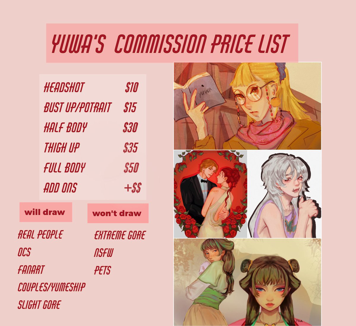 yuwadraws's tweet photo. I have a lot of free time now to draw commissions, ｡⁠◕⁠‿⁠◕⁠｡
Here's some of my recent art and price list. 
Be my client 💍 🧎‍♀️
Reposts appreciated 💕 
#digitalartㅤㅤㅤㅤ #commisionsopen https://t.co/piIY4rStBE