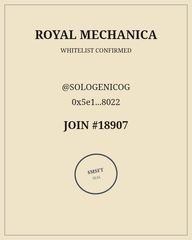 SologenicOG's tweet photo. Just joined the Royal Mechanica whitelist.
Join #18907
@RoyalMechanica https://t.co/AxYADG36no