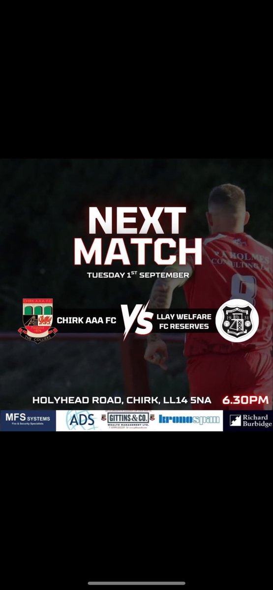 CHIRKAAAFC's tweet photo. Next up it’s back too NEWFA Trophy action tomorrow night as we welcome Llay Welfare Res too Holyhead Rd, kick off is at 18:30. 🔴⚪️#AAA150 #beserk https://t.co/EsBx3DeLQr