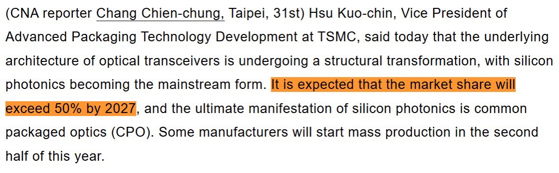 outliercapx's tweet photo. BULLISH $LITE $AAOI $SIVE $IQE

$TSM VP of Advanced Packaging today:
SiPh >50% of optical transceivers by 2027.

CPO is the end-state. Volume in H2 2026.

Bottleneck is lasers, fiber, connectors, test — not the foundry.

That’s the entire stack:

—> $LITE $AAOI $SIVE = InP lasers / ELS.
—> $IQE = InP epi under those lasers.
—> $COHR $AEHR $GLW $KEYS = rest of the constraint.

COUPE can scale the engine.

It cannot invent photons.

Everyone is calling the bottleneck, position accordingly.

— Outlier Capital

PS: I am long and bullish several stocks mentioned here, not advice. Thanks @ParadisLabs for sharing!