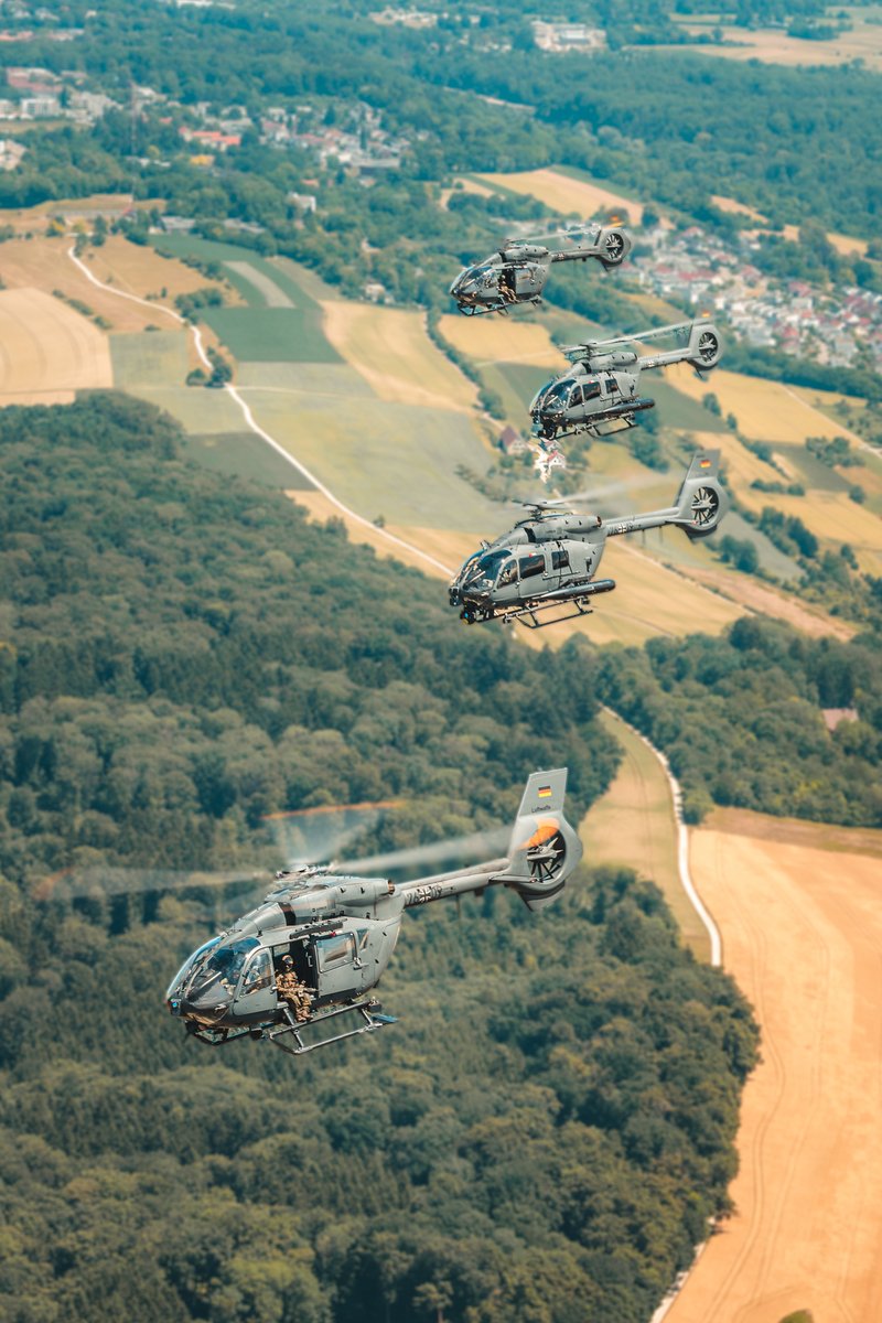 AirbusHeli's tweet photo. Check out these shots of the first H145M LKH SOF for the German Air and Space Force's Helicopter Wing 64 in Laupheim! 🚁🔥 In total, Germany will receive 82 H145M LKH helicopters. 📸 Bundeswehr/Luftwaffe/Mohrdieck https://t.co/pisBfYAkZk