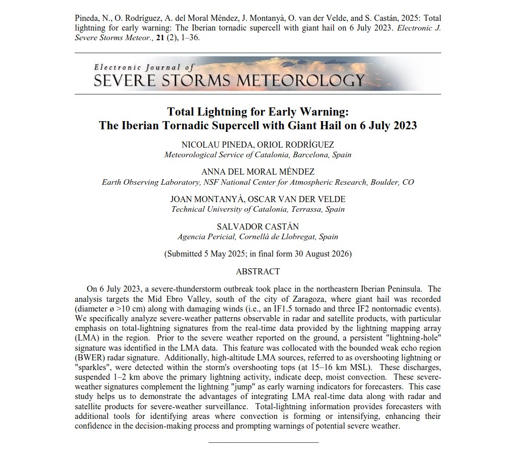 Oriol_RB's tweet photo. 🚨 [CAT] Ens acaben de publicar a l'"Electronic Journal of Severe Storm Meteorology" l'article "Total Lightning for Early Warning: The Iberian Tornadic Supercell with Giant Hail on 6 July 2023" 

El podeu llegir en obert 👇

🔗 https://t.co/GHfuXEbY7S https://t.co/7wO2qa0FXy