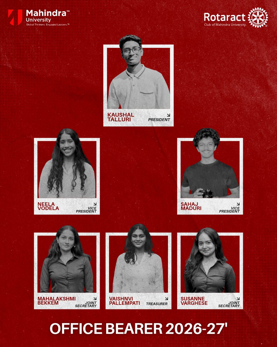 RotaractclubMU's tweet photo. Introducing the Board of the Rotaract Club of Mahindra University for RI Year 2026–27.

It is with immense pride that we announce the Office Bearers.
As President, Kaushal's vision for this year is grounded in three words: Continuity. Commitment. Community Impact. https://t.co/61aWoxRXwz