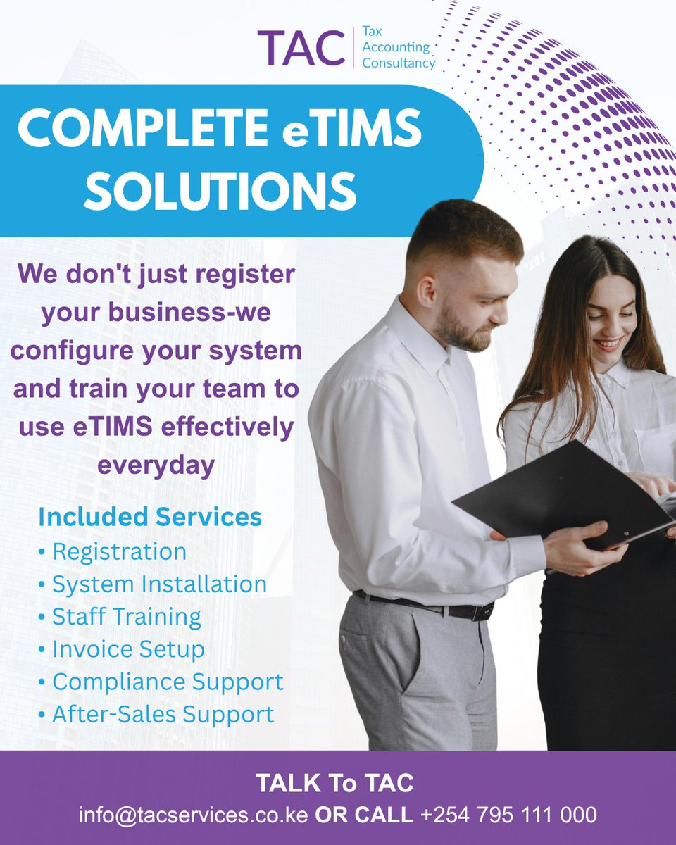TACservicesKE's tweet photo. 📌 COMPLETE eTIMS SOLUTIONS WITH TAC PROFESSIONAL SERVICES
📞 Contact us today: +254 795 111 000 or info@tacservices.co.ke for reliable eTIMS solutions.
#eTIMS #eTIMSKenya #TaxCompliance #KRA #TACProfessionalServices #BusinessCompliance #KenyaBusiness https://t.co/iboZPGr4vc