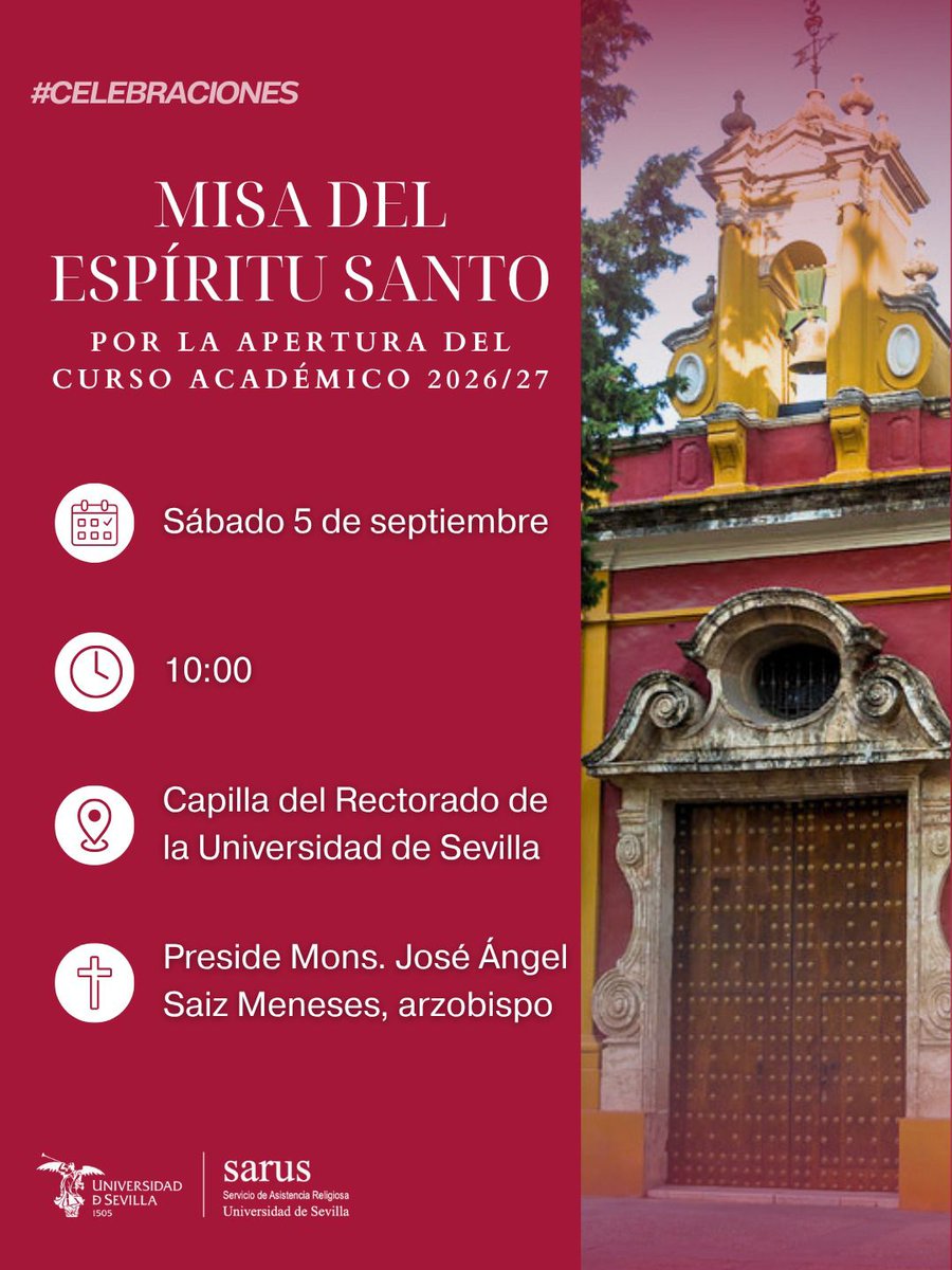 SarusSevilla's tweet photo. ¡¡Buenos días!! ☀️ 

Este sábado, 5 de septiembre, a las 10h tendremos la misa del Espíritu Santo presidida por Mons. José Ángel Saiz Meneses, el arzobispo de Sevilla, por el inicio del curso 📚

¡Os esperamos allí! 🙌🏻 https://t.co/nGUCYViyW4