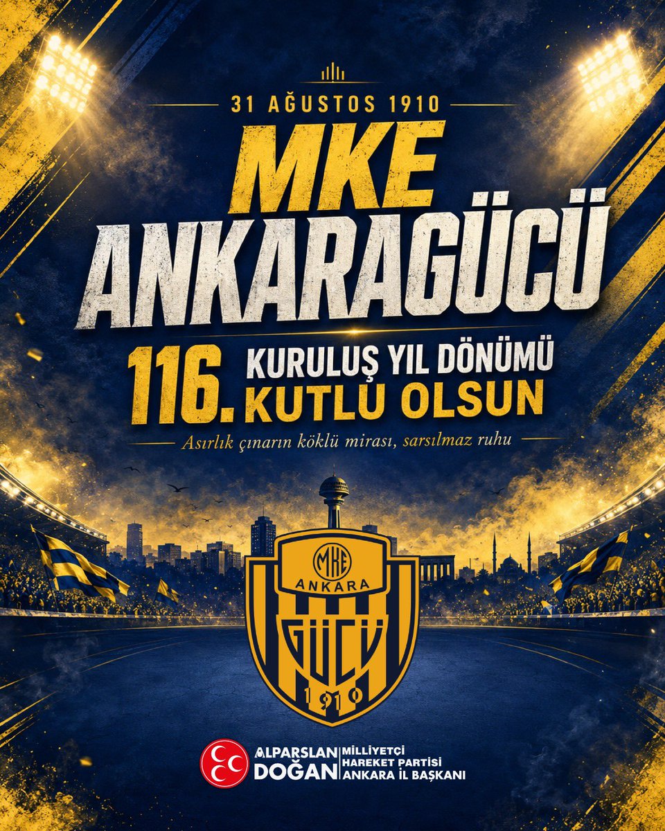MhpAnkara06's tweet photo. Başkentimizin köklü çınarı olan MKE Ankaragücü’nün 116. kuruluş yıl dönümünü kutluyorum.

31 Ağustos 1910’dan bugüne; emeği, mücadele ruhu ve büyük taraftarıyla Ankara’nın simgesi olan Ankaragücü’ne başarılarla dolu nice yıllar diliyorum.

İyi ki varsın Ankaragücü! 💛💙

🇹🇷🇹🇷🇹🇷
ALPARSLAN DOĞAN
MHP ANKARA İL BAŞKANI