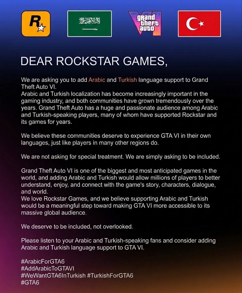 ahmetc0klu's tweet photo. @CyberLeakNet @RockstarGames Turkish and Arabic are spoken by millions of gamers. 
We deserve to experience GTA 6 in our own languages too. 🇸🇦🇹🇷❤️

#WeWantGTA6inTurkish 
#ArabicForGTA6

@RockstarGames 
@RockstarSupport https://t.co/wljwZajoPR