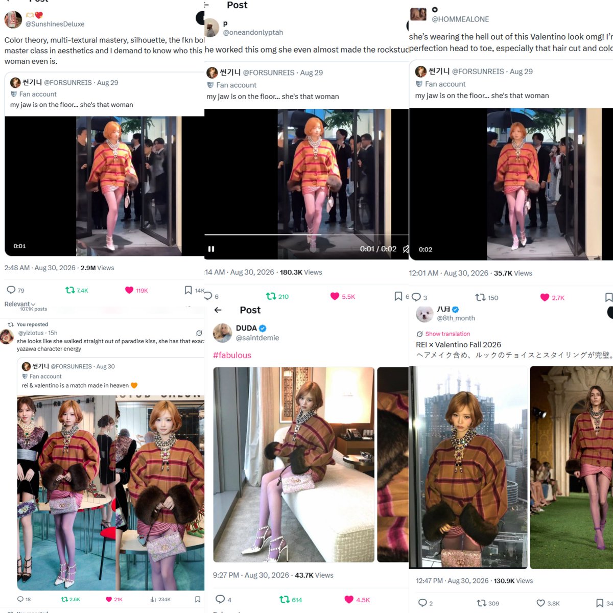 FORSUNREIS's tweet photo. this felt like a shift in the universe, and that was fashion twt showing up for rei's valentino fit and the praise that came along for alessandro michele, her styling team... like it's been soooo crazy that i can't wait for their 3rd pfw valentino appearance this coming october 🥹🧡