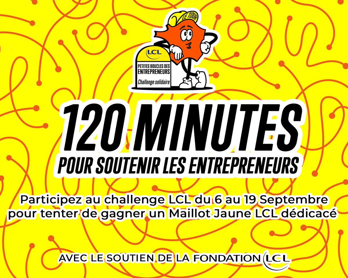 LeTour's tweet photo. 🚴‍♂️ À vos marques, prêts… bougez !
Du 6 au 19 septembre, rejoignez Les Petites Boucles LCL des Entrepreneurs sur Strava et cumulez 120 minutes d’activité physique : vélo, course, marche… à vous de choisir !

🎯 L'objectif ? Atteindre 20 millions de minutes actives pour permettre à la Fondation LCL de reverser 15 000 € à Entre Head, engagée pour la santé mentale des entrepreneurs.

Et pour celles et ceux qui relèveront le challenge, plusieurs lots sont à gagner :
💛 un Maillot Jaune LCL du #TDF2026 dédicacé par l’un de ses porteurs
🎟️ 10 x 2 invitations pour la Présentation des parcours du Tour de France et du Tour de France Femmes avec Zwift 2027.
Chaque minute compte. À vous de jouer ! 💪

👉 Rejoignez le challenge sur Strava : https://t.co/tWk6pEVimN