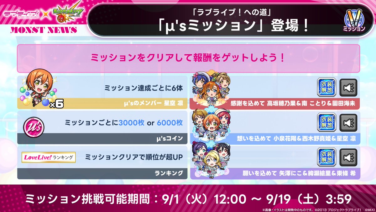 monst_mixi's tweet photo. ꙳✧˖°⌖#ラブライブ！シリーズ コラボ⌖°˖✧꙳

／
❤高坂穂乃果＆南 ことり＆園⽥海未
の排出確率超UPのガチャ開催中！
＼

🎥使ってみた動画
https://t.co/gkgT4A2KL7

「ラブライブ！への道」に
衣装解放、ボール絵が変わるボイスセットが登場！

#モンスト #lovelive https://t.co/F54TeRydUK