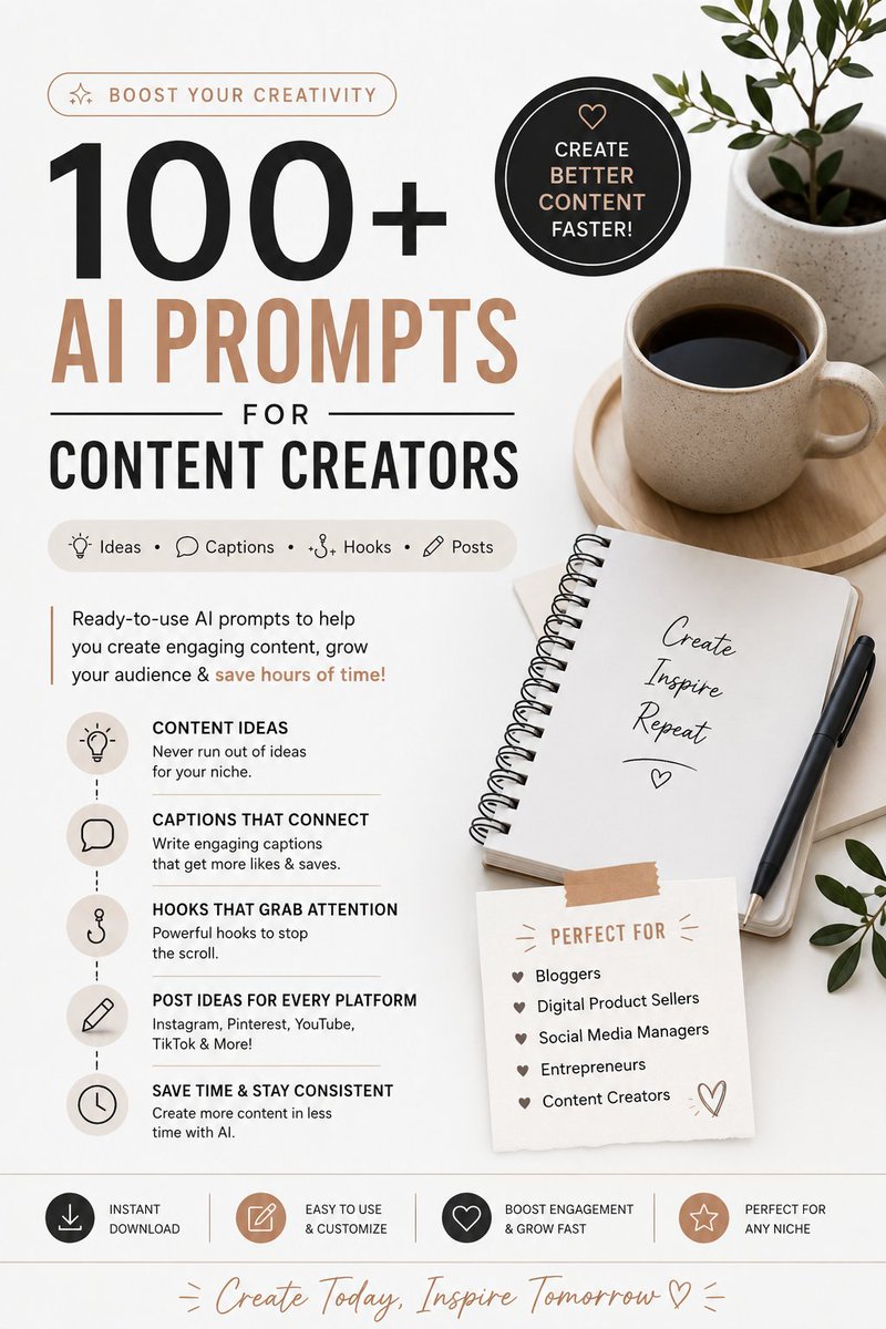jviralscripts_2's tweet photo. Content creators: Stop writing from scratch.

100+ AI prompts for:
Ideas. Captions. Hooks. Posts.

For bloggers, sellers, managers, entrepreneurs.
Create better content faster.

Link in bio 👇
#chatgptprompts #contentcreator #aiforcreators https://t.co/Eyx7eaJQcc