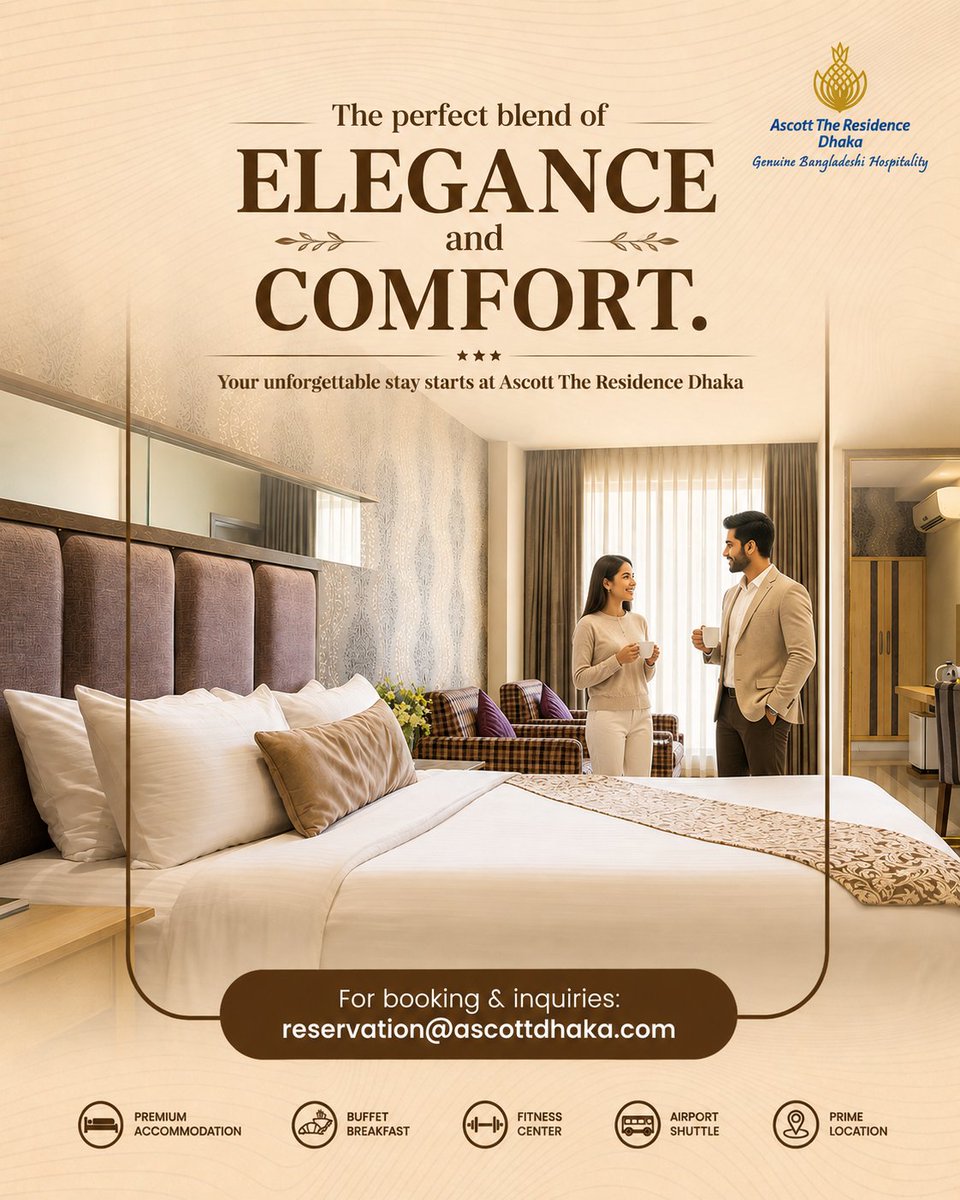 AscottHotels's tweet photo. ✨ Elegance meets comfort at Ascott The Residence Dhaka!

Enjoy thoughtfully designed stays, genuine Bangladeshi hospitality, buffet breakfast, fitness facilities &amp; airport shuttle service—all in a prime Dhaka location.

📞 01926633854
📧 reservation@ascottdhaka.com https://t.co/dDw0XKVoMa