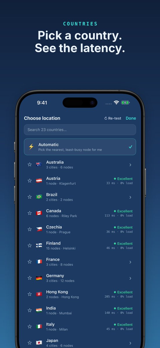 CumulusVPN's tweet photo. Pick a country, see the latency, connect. The app tests routes live so you don't guess. https://t.co/KcXuxRAfYU
