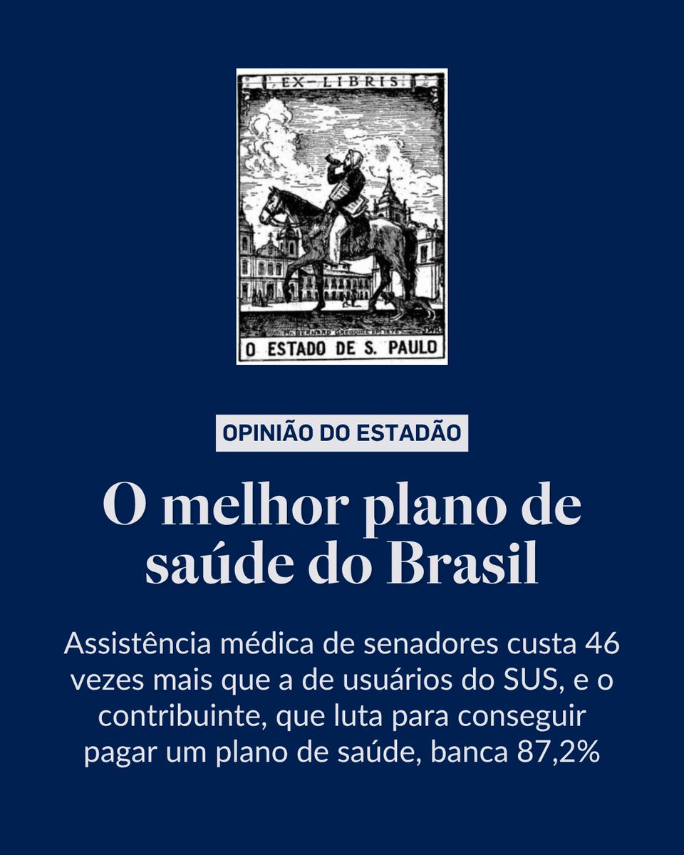 Estadao's tweet photo. EDITORIAL | O melhor plano de saúde do Brasil – “Levantamento feito pelo Ranking dos Políticos revela que a assistência à saúde de senadores e ex-senadores teve um custo de R$ 40 milhões no ano passado”. Leia o texto completo em @opiniao_estadao → https://t.co/gdzFGpKnVP https://t.co/PwHMa2dVJJ