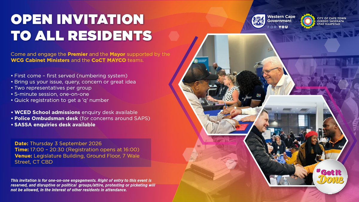 CityofCT's tweet photo. ๐ฃ Calling All Cape Town Residents!
Join the Premier and Mayor for an Open Government Session with WCG Ministers and the CoCT MAYCO.
๐ Thursday, 3 September 2026
๐ 17:00 โ 20:30
๐ 7 Wale Street, Cape Town CBD
Letโs get to work; your voice matters!
#LetsGetToWork https://t.co/rFP1fDY1QT