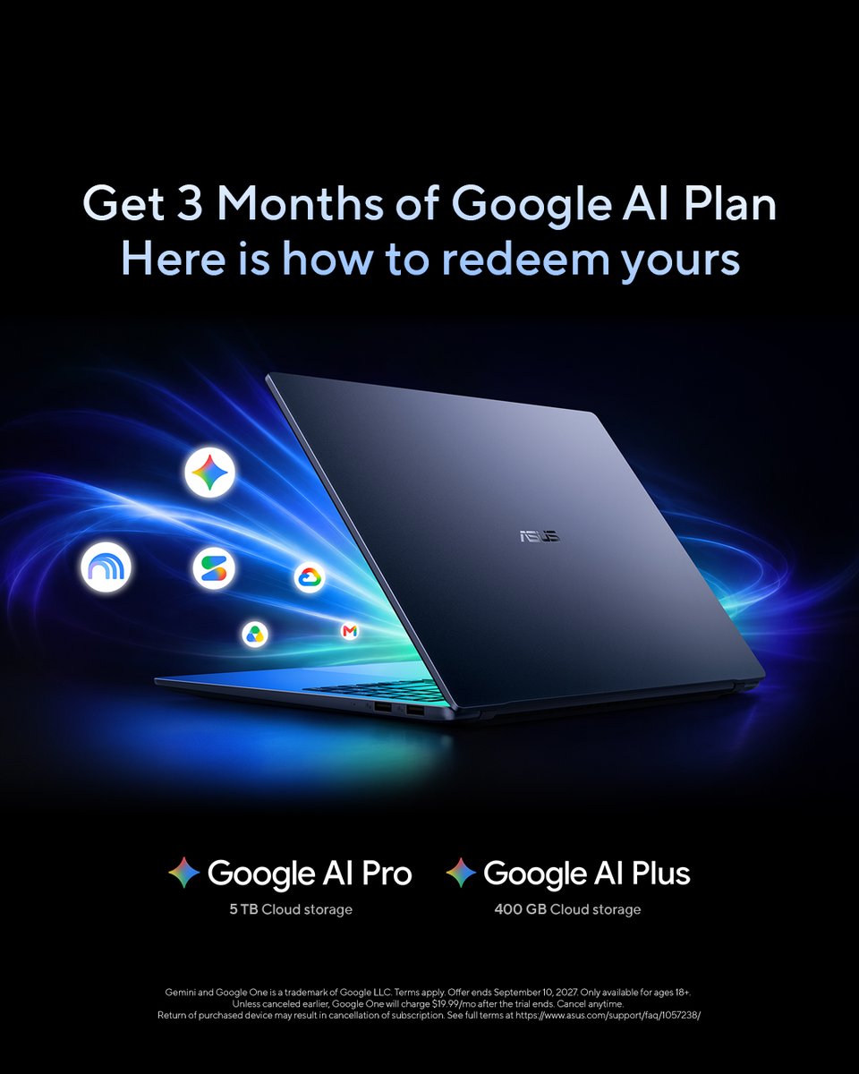 ASUS's tweet photo. How to claim your Google AI plan: MyASUS → User Center → Member Exclusive Coupons → Redeem Now → sign in with Google. 3 months of Pro or Plus at no extra cost on eligible ASUS laptops. Eligibility &amp; terms → https://t.co/KaPi92U5iC #ASUSxGoogleAI https://t.co/F5BCzSo7lj