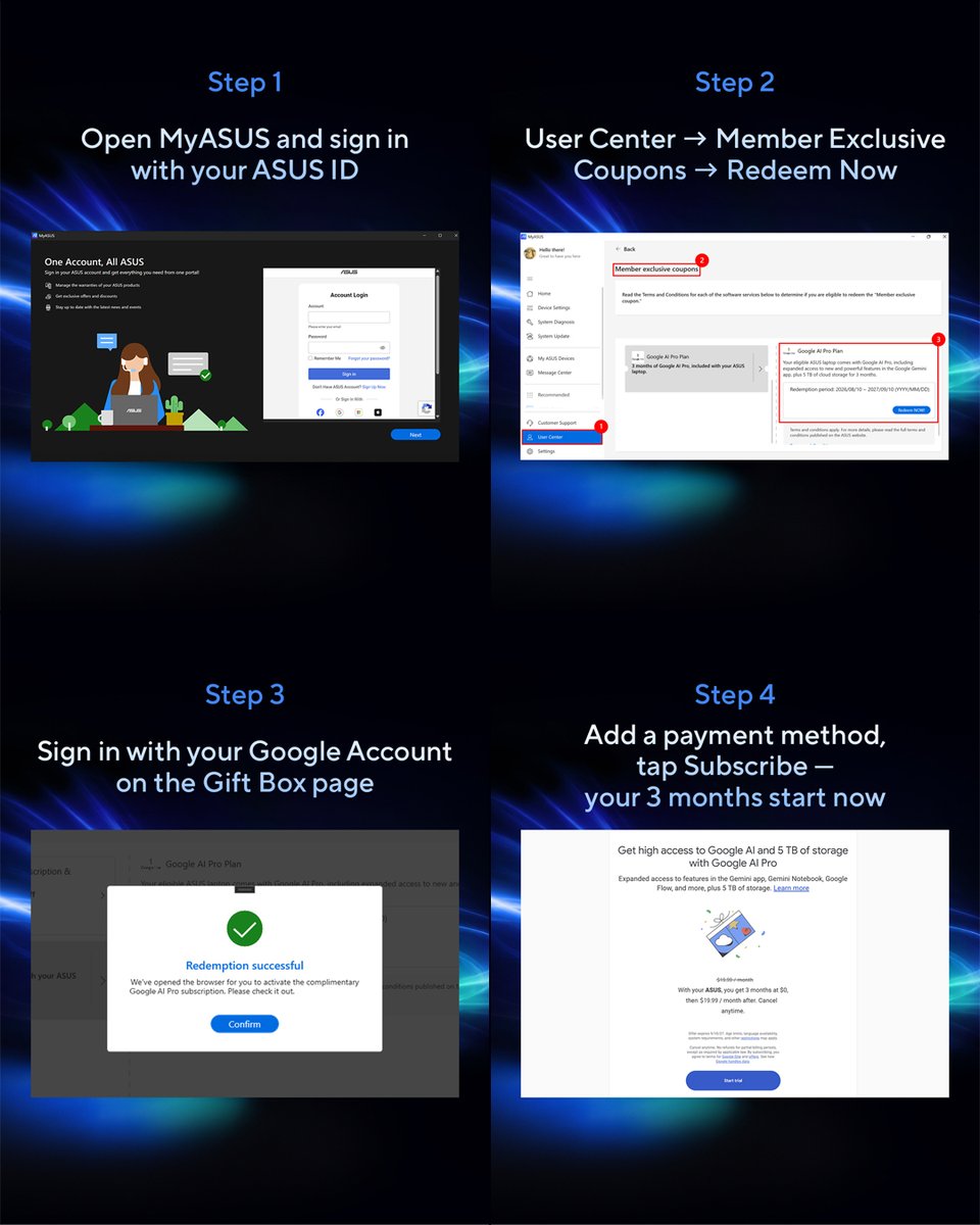 ASUS's tweet photo. How to claim your Google AI plan: MyASUS → User Center → Member Exclusive Coupons → Redeem Now → sign in with Google. 3 months of Pro or Plus at no extra cost on eligible ASUS laptops. Eligibility &amp; terms → https://t.co/KaPi92U5iC #ASUSxGoogleAI https://t.co/F5BCzSo7lj
