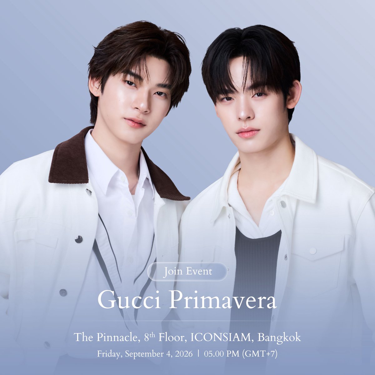 DomundiTV's tweet photo. “TeeTee Wanpichit” @twnpich and “Por Suppakarn” @porsuppakarn are set to attend Gucci Primavera Event. ✨

🗓 : 04.09.2026
⏰ : 17.00 น. l 5 PM (GMT+7)
📍 : The Pinnacle, 8th Floor, ICONSIAM, Bangkok

#GucciPrimavera #Gucci
#twnpich #porsuppakarn
#domunditv https://t.co/gzCSrsx8oZ