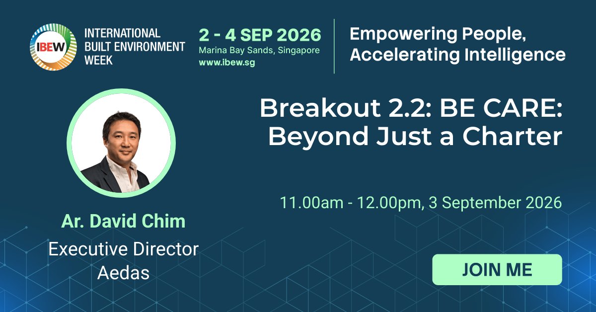 Aedas's tweet photo. Ar. David Chim, Executive Director at Aedas, will be speaking at International Built Environment Week (IBEW) 2026 on 3 September as a panellist for "BE CARE: Beyond Just a Charter." 

📅 Time & Date: 11:00am-12:pm, 3 September 2026
📍 Venue: Marina Bay Sands, Singapore 
🖊️ Register: https://t.co/HKkKNplZ9L

#Aedas #design #architect #architecture #insight #sharing #paneldiscussion #Singapore