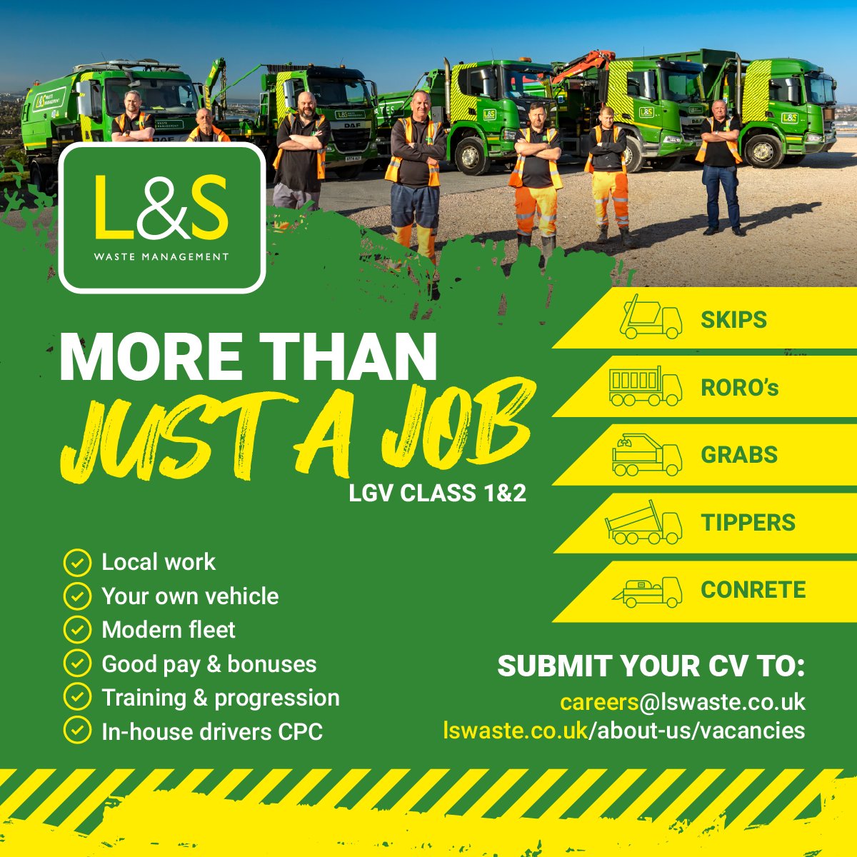 LSWaste's tweet photo. A driving job should offer more than just a pay packet.

A good team, quality vehicles, training, progression and being home at the end of the day all matter too. See what a career with LS Waste could offer 👇

📧 Email your CV to careers@lswaste.co.uk https://t.co/He8xCEFjWz