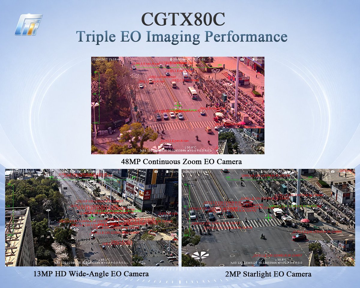 CticGimbal's tweet photo. CGTX80C | Triple EO Camera Gimbal Payload
13MP wide-angle + 48MP continuous zoom + 2MP starlight EO camera, combined with a laser rangefinder and 3-axis gyro stabilization.

Wide-angle imaging. Long-range zoom. Low-light observation.

#UAV #DroneCamera #GimbalCamera #UAVPayload https://t.co/nBvO1LL4nw