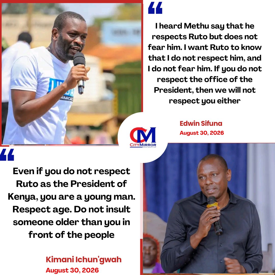 citymirrorKE's tweet photo. Edwin Sifuna - I want Ruto to know that I do not respect him, and I do not fear him

Kimani Ichung'wah - Even if you do not respect Ruto as the President of Kenya, you are a young man. Respect age https://t.co/9s2LYE4kY3