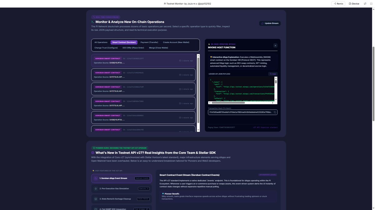 jojo102102's tweet photo. 🔎🔎🔎PI NETWORK NEWS: 🔎 WHAT AM I CATCHING ON PI TESTNET WITH MY PI TESTNET MONITOR?

Pioneers, today I want to share an interesting on-chain observation that I captured directly using my own Pi Testnet Monitor.

This is not simply a screenshot from someone else’s post.

And it is not just a UI showing the words “Smart Contract.”

👉 My monitor is reading new operations from the Pi Testnet API and allowing me to inspect the raw JSON payload of each operation.

And today, within a short period of time, I repeatedly captured a very interesting pattern.

🟣 1. MULTIPLE INVOKE_HOST_FUNCTION OPERATIONS

With the monitor filtered to:

Smart Contract (Soroban)

I continuously observed operations identified as:

invoke_host_function

with:

HostFunctionTypeHostFunctionTypeInvokeContract

and importantly:

transaction_successful: true

This means we are not merely looking at smart-contract code sitting somewhere in a repository.

Smart-contract invocations are actually being executed on Pi Testnet.

🔐 2. THE SAME CONTRACT IS BEING CALLED REPEATEDLY

By inspecting the raw JSON, I found the same contract being invoked repeatedly:

CBFGCUHLWK6T74YNWVXZLG7WFAOU3SOIYRC3SVCCC6QK7VUGS6ESJSIZ

The function being called is:

server_auto_release
What makes this particularly interesting is that each invocation contains a different Booking ID.
For example, I captured:

7cf01b23-b761-4217-99cf-0d611953c354

a3cbf9fb-1e81-4292-9948-99ee12ead02d

19f0578b-1842-439d-a022-85df94544ad3

1c0136a9-9bd5-4349-89c2-9973d2923740

Four different Booking IDs.
The same smart contract.
The same server_auto_release function.

Successful transactions.
That is what caught my attention.

💰 3. THE SMART CONTRACT IS NOT JUST BEING INVOKED — IT IS PRODUCING ASSET TRANSFERS

The raw JSON also contains:
asset_type: native
type: transfer
Among the transactions I captured:

21.9440208 Test-Pi
58.0241613 Test-Pi
22.1420189 Test-Pi

22.3005218 Test-Pi

Total:

124.4107218 Test-Pi

across four transactions.

⚠️ These are Test-Pi transactions, not Mainnet Pi and not real monetary value.

The significance is the on-chain execution pattern, not the amount.

⏱️ 4. THE TIMING IS ALSO INTERESTING

The four transactions I captured occurred at:

09:06:19 UTC
09:09:10 UTC
09:12:41 UTC
09:15:26 UTC
Within just over nine minutes, we can see:
server_auto_release()
server_auto_release()
server_auto_release()
server_auto_release()
processing different Booking IDs.

The same source account also appears repeatedly:

GATOTSLKL4HPE3DDJ3INW5TUMXC3VTI6TES3XGCFHUVZ2YIY73RCQGEA
This looks consistent with an automated/backend-triggered workflow processing multiple bookings, although more data would be needed to determine the exact backend architecture.
🧩 5. WHY IS server_auto_release SO INTERESTING?
Look at the function name:

server_auto_release

This is more specific than a simple:

transfer()

Combined with:

Booking IDs

a smart contract

successful execution

native asset transfers

we can see a pattern that is consistent with an escrow-style workflow:
BOOKING
   ↓
ESCROW
   ↓
RELEASE CONDITION MET
   ↓
SERVER TRIGGER
   ↓
server_auto_release()
   ↓
SMART CONTRACT
   ↓
NATIVE ASSET TRANSFER
   ↓
RECIPIENT
This is exactly the type of application logic that can move blockchain beyond simple wallet-to-wallet transfers.
🌐 6. IS THIS RELATED TO BNPi?
This is where we need to be precise.
The pattern I am observing is highly compatible with the booking/escrow model being discussed and developed around BNPi, including functions such as:

release_booking_escrow

and
server_auto_release.
However:
⚠️ I would NOT present this as an official Pi Core Team confirmation that this contract belongs to BNPi.
The technically responsible statement is:
Pi Testnet data shows a smart contract repeatedly executing server_auto_release for different Booking IDs and producing successful native-asset transfers. This pattern is consistent with a booking/escrow workflow.

That is what the on-chain data supports.

🧠 7. WHAT MATTERS MOST TO ME IS NOT THE 124 TEST-PI

The important part is the evolution from:
BLOCKCHAIN
   ↓
PAYMENT
   ↓
A → B
toward:

BLOCKCHAIN
   ↓
SMART CONTRACT
   ↓
BUSINESS LOGIC
   ↓
BOOKING
   ↓
ESCROW
   ↓
AUTOMATED RELEASE
   ↓
PAYOUT

This represents a fundamental shift:

From “a blockchain that transfers assets”

to:

“a blockchain that executes application logic.”

🔥 8. AND REMEMBER — THIS IS TESTNET

We should not confuse this with Mainnet.

What I am observing is:

🟣 PI TESTNET
Not Mainnet.
Pi Network has publicly introduced smart-contract capabilities on Testnet and Testnet RPC infrastructure for developers to interact with the blockchain and execute state-changing transactions.
Pi has also discussed escrow-type smart contracts as an important utility direction.

So what we are seeing deserves attention — but it should be described accurately.

👁️ 9. I WILL KEEP WATCHING WITH MY PI TESTNET MONITOR
This is the reason I built and use the monitor.
I don't want to rely only on rumors or screenshots from other people.
I want to see what the blockchain is actually doing.
My monitor allows me to follow:
Smart Contract
       ↓
Contract Address
       ↓
Function
       ↓
Booking ID
       ↓
Transaction
       ↓
Effects
       ↓
Native Asset Transfer
And now I am specifically watching for:
release_booking_escrow
If we capture:
release_booking_escrow
        ↓
Booking ID
        ↓
server_auto_release
        ↓
SAME Booking ID
        ↓
Native Pi Transfer
we could reconstruct an entire booking/escrow lifecycle directly from Testnet transactions.
💜 PIONEERS — READ THE BLOCKCHAIN, DON'T JUST READ THE RUMORS
A screenshot can create curiosity.
A social-media post can create expectations.
But:
Raw on-chain data is what we can actually inspect and verify.
Today, my Pi Testnet Monitor captured:

🟣 invoke_host_function
🟣 InvokeContract
🟣 server_auto_release
🟣 Multiple Booking IDs
🟣 The same smart contract
🟣 Successful transactions
🟣 Native asset transfers
🟣 Multiple recipients
🟣 124.4107218 Test-Pi across four captured releases

This is not Mainnet.

This is not an official announcement about a specific product.

But it is a very interesting technical signal worth watching.

Pi is building toward an ecosystem where smart contracts can execute real application logic.

And the most interesting part is:

We can observe that development one transaction at a time. 🟣🔐

Don't just ask:

“What will Pi be able to do?”

Start asking:

“What is Pi Testnet actually doing right now?”

I’ll keep watching. 👁️

#PiNetwork #PiTestnet #PiNetworkEcosystem #PiNode #Soroban #SmartContracts #Web3 #Blockchain #BNPi #Pioneers #PiUtility #PiEcosystem @lurima_pi @daoviet1983 @Nguyet888888 @Phuocdientyphu 🔎🔎🔎