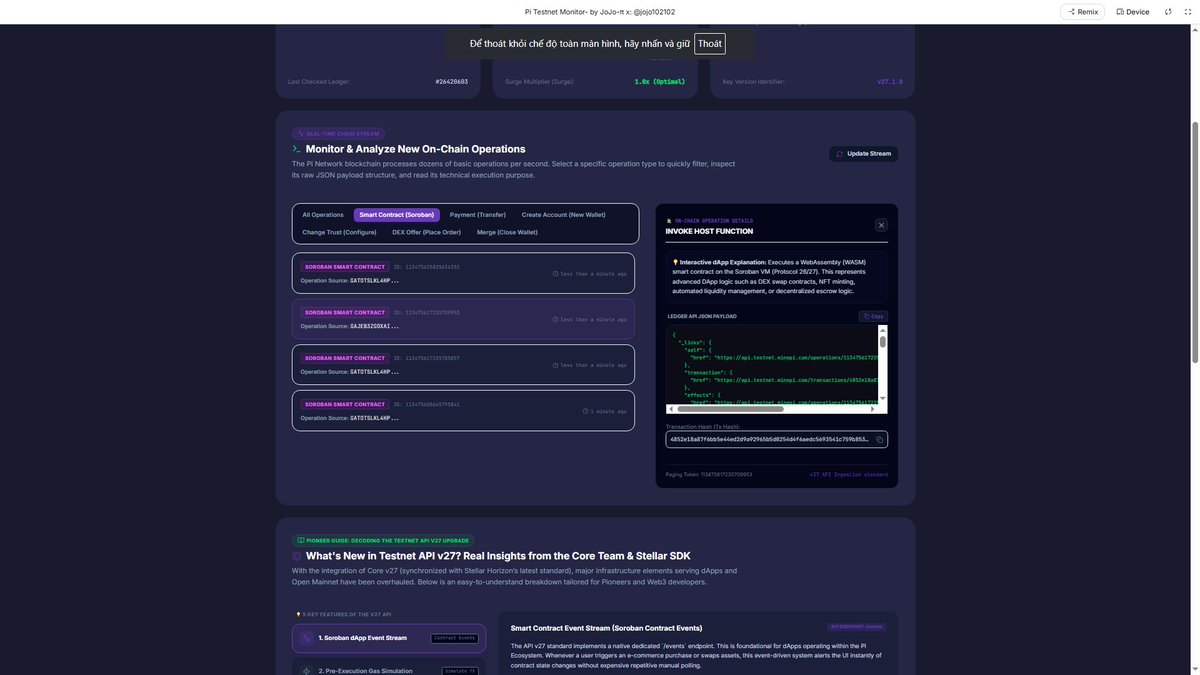 jojo102102's tweet photo. 🔎🔎🔎PI NETWORK NEWS: 🔎 WHAT AM I CATCHING ON PI TESTNET WITH MY PI TESTNET MONITOR?

Pioneers, today I want to share an interesting on-chain observation that I captured directly using my own Pi Testnet Monitor.

This is not simply a screenshot from someone else’s post.

And it is not just a UI showing the words “Smart Contract.”

👉 My monitor is reading new operations from the Pi Testnet API and allowing me to inspect the raw JSON payload of each operation.

And today, within a short period of time, I repeatedly captured a very interesting pattern.

🟣 1. MULTIPLE INVOKE_HOST_FUNCTION OPERATIONS

With the monitor filtered to:

Smart Contract (Soroban)

I continuously observed operations identified as:

invoke_host_function

with:

HostFunctionTypeHostFunctionTypeInvokeContract

and importantly:

transaction_successful: true

This means we are not merely looking at smart-contract code sitting somewhere in a repository.

Smart-contract invocations are actually being executed on Pi Testnet.

🔐 2. THE SAME CONTRACT IS BEING CALLED REPEATEDLY

By inspecting the raw JSON, I found the same contract being invoked repeatedly:

CBFGCUHLWK6T74YNWVXZLG7WFAOU3SOIYRC3SVCCC6QK7VUGS6ESJSIZ

The function being called is:

server_auto_release
What makes this particularly interesting is that each invocation contains a different Booking ID.
For example, I captured:

7cf01b23-b761-4217-99cf-0d611953c354

a3cbf9fb-1e81-4292-9948-99ee12ead02d

19f0578b-1842-439d-a022-85df94544ad3

1c0136a9-9bd5-4349-89c2-9973d2923740

Four different Booking IDs.
The same smart contract.
The same server_auto_release function.

Successful transactions.
That is what caught my attention.

💰 3. THE SMART CONTRACT IS NOT JUST BEING INVOKED — IT IS PRODUCING ASSET TRANSFERS

The raw JSON also contains:
asset_type: native
type: transfer
Among the transactions I captured:

21.9440208 Test-Pi
58.0241613 Test-Pi
22.1420189 Test-Pi

22.3005218 Test-Pi

Total:

124.4107218 Test-Pi

across four transactions.

⚠️ These are Test-Pi transactions, not Mainnet Pi and not real monetary value.

The significance is the on-chain execution pattern, not the amount.

⏱️ 4. THE TIMING IS ALSO INTERESTING

The four transactions I captured occurred at:

09:06:19 UTC
09:09:10 UTC
09:12:41 UTC
09:15:26 UTC
Within just over nine minutes, we can see:
server_auto_release()
server_auto_release()
server_auto_release()
server_auto_release()
processing different Booking IDs.

The same source account also appears repeatedly:

GATOTSLKL4HPE3DDJ3INW5TUMXC3VTI6TES3XGCFHUVZ2YIY73RCQGEA
This looks consistent with an automated/backend-triggered workflow processing multiple bookings, although more data would be needed to determine the exact backend architecture.
🧩 5. WHY IS server_auto_release SO INTERESTING?
Look at the function name:

server_auto_release

This is more specific than a simple:

transfer()

Combined with:

Booking IDs

a smart contract

successful execution

native asset transfers

we can see a pattern that is consistent with an escrow-style workflow:
BOOKING
   ↓
ESCROW
   ↓
RELEASE CONDITION MET
   ↓
SERVER TRIGGER
   ↓
server_auto_release()
   ↓
SMART CONTRACT
   ↓
NATIVE ASSET TRANSFER
   ↓
RECIPIENT
This is exactly the type of application logic that can move blockchain beyond simple wallet-to-wallet transfers.
🌐 6. IS THIS RELATED TO BNPi?
This is where we need to be precise.
The pattern I am observing is highly compatible with the booking/escrow model being discussed and developed around BNPi, including functions such as:

release_booking_escrow

and
server_auto_release.
However:
⚠️ I would NOT present this as an official Pi Core Team confirmation that this contract belongs to BNPi.
The technically responsible statement is:
Pi Testnet data shows a smart contract repeatedly executing server_auto_release for different Booking IDs and producing successful native-asset transfers. This pattern is consistent with a booking/escrow workflow.

That is what the on-chain data supports.

🧠 7. WHAT MATTERS MOST TO ME IS NOT THE 124 TEST-PI

The important part is the evolution from:
BLOCKCHAIN
   ↓
PAYMENT
   ↓
A → B
toward:

BLOCKCHAIN
   ↓
SMART CONTRACT
   ↓
BUSINESS LOGIC
   ↓
BOOKING
   ↓
ESCROW
   ↓
AUTOMATED RELEASE
   ↓
PAYOUT

This represents a fundamental shift:

From “a blockchain that transfers assets”

to:

“a blockchain that executes application logic.”

🔥 8. AND REMEMBER — THIS IS TESTNET

We should not confuse this with Mainnet.

What I am observing is:

🟣 PI TESTNET
Not Mainnet.
Pi Network has publicly introduced smart-contract capabilities on Testnet and Testnet RPC infrastructure for developers to interact with the blockchain and execute state-changing transactions.
Pi has also discussed escrow-type smart contracts as an important utility direction.

So what we are seeing deserves attention — but it should be described accurately.

👁️ 9. I WILL KEEP WATCHING WITH MY PI TESTNET MONITOR
This is the reason I built and use the monitor.
I don't want to rely only on rumors or screenshots from other people.
I want to see what the blockchain is actually doing.
My monitor allows me to follow:
Smart Contract
       ↓
Contract Address
       ↓
Function
       ↓
Booking ID
       ↓
Transaction
       ↓
Effects
       ↓
Native Asset Transfer
And now I am specifically watching for:
release_booking_escrow
If we capture:
release_booking_escrow
        ↓
Booking ID
        ↓
server_auto_release
        ↓
SAME Booking ID
        ↓
Native Pi Transfer
we could reconstruct an entire booking/escrow lifecycle directly from Testnet transactions.
💜 PIONEERS — READ THE BLOCKCHAIN, DON'T JUST READ THE RUMORS
A screenshot can create curiosity.
A social-media post can create expectations.
But:
Raw on-chain data is what we can actually inspect and verify.
Today, my Pi Testnet Monitor captured:

🟣 invoke_host_function
🟣 InvokeContract
🟣 server_auto_release
🟣 Multiple Booking IDs
🟣 The same smart contract
🟣 Successful transactions
🟣 Native asset transfers
🟣 Multiple recipients
🟣 124.4107218 Test-Pi across four captured releases

This is not Mainnet.

This is not an official announcement about a specific product.

But it is a very interesting technical signal worth watching.

Pi is building toward an ecosystem where smart contracts can execute real application logic.

And the most interesting part is:

We can observe that development one transaction at a time. 🟣🔐

Don't just ask:

“What will Pi be able to do?”

Start asking:

“What is Pi Testnet actually doing right now?”

I’ll keep watching. 👁️

#PiNetwork #PiTestnet #PiNetworkEcosystem #PiNode #Soroban #SmartContracts #Web3 #Blockchain #BNPi #Pioneers #PiUtility #PiEcosystem @lurima_pi @daoviet1983 @Nguyet888888 @Phuocdientyphu 🔎🔎🔎