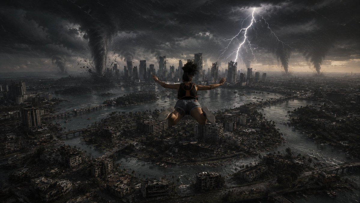 carlosgi67's tweet photo. saltando sobre una ciudad costera tipo Vice City, una en día soleado y pacífico y otra en un escenario apocalíptico con tornados, rayos y destrucción. Gta vi https://t.co/AA7oBeThlU