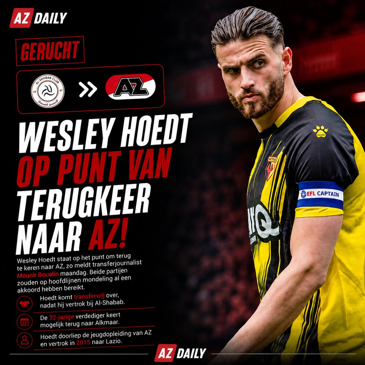 AZDaily072's tweet photo. 🚨 GERUCHT: WESLEY #HOEDT OP WEG TERUG NAAR #AZ! 🔴⚪️
Wesley Hoedt staat op het punt om terug te keren naar zijn oude club AZ, zo meldt transferjournalist Mounir Boualin. 👀
Een goede zet van AZ?
#Transfernieuws #Gerucht #Eredivisie #AZDaily https://t.co/H1tPb9YwvG