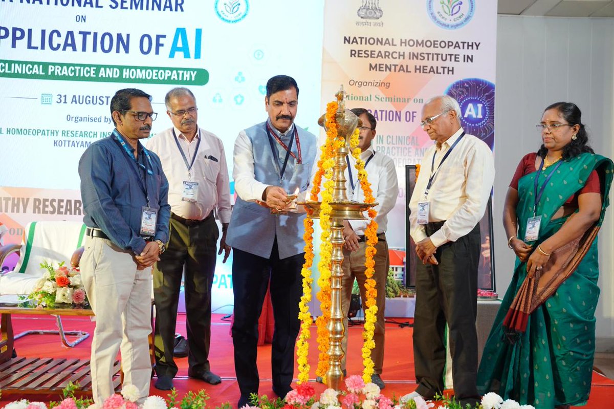 ccrhindia's tweet photo. The National Homoeopathy Research Institute in Mental Health (NHRIMH), Kottayam, under the Central Council for Research in Homoeopathy (CCRH), Ministry of Ayush, Government of India, organised a National Seminar on “Application of Artificial Intelligence (AI) in Clinical Practice and Homoeopathy” on 31 August 2026 at the Auditorium of NHRIMH, Kottayam. The seminar was organised under the theme “Where Intelligence Meets Compassion”, bringing together experts, academicians, researchers, clinicians, practitioners and students to deliberate on the emerging role of AI in clinical practice and homoeopathic research.

The programme was honoured by the special address of Shri Prataprao Ganpatrao Jadhav, Hon’ble Union Minister of State (Independent Charge), Ministry of Ayush, and Minister of State, Ministry of Health and Family Welfare, who joined the programme online. In his address, he emphasized the importance of the national seminar in advancing discussions on the application of Artificial Intelligence in healthcare, with particular relevance to the field of Homoeopathy. The inaugural session was addressed by Dr. Subhash Kaushik, Director General, CCRH, who delivered the inaugural speech. Dr. K. C. Muraleedharan, Deputy Director General, CCRH, was the Guest of Honour. The programme was further enriched by the address of Dr. Janardhanan Nair, Former President of the Medical Assessment and Rating Board (MARB) under the National Commission for Homoeopathy (NCH) and Prof. (Dr.) Eswara Das, Chairman, Regional Scientific Advisory Committee, NHRIMH, Kottayam. The inaugural session also marked an important step towards strengthening interdisciplinary academic and research collaborations of NHRIMH, Kottayam.

In his inaugural address, Dr. Subash Kaushik, Director General, CCRH, stressed the importance of researchers and academicians being acquainted with the scope of Artificial Intelligence and its ethical frameworks. He emphasized that an understanding of both the capabilities and ethical dimensions of AI is essential for its responsible application in healthcare and research.

Dr. K. C. Muraleedharan, Deputy Director General, CCRH and Guest of Honour, observed that the integration of AI in research could boost the number of scientific publications. At the same time, he advised researchers to exercise caution regarding the credibility and reliability of data used with AI-based tools, underlining the importance of critical appraisal and scientific validation.

Memoranda of Understanding (MoUs) were signed with nine Homoeopathic Medical Colleges and Hospitals to promote interdisciplinary academic exchanges in the field of psychiatry. The collaborations are intended to facilitate academic interaction, exchange of knowledge and expertise, and opportunities for interdisciplinary engagement in mental health and psychiatry. An MoU was further signed with Sevabharathi, Ettumanoor, to facilitate interdisciplinary research and other possible areas of institutional collaboration.

Dr. Debadatta Nayak, Assistant Director (Homoeopathy) and Officer-in-Charge, NHRIMH, Kottayam, stated that the programme was enriched by the participation of representatives and participants from around 12 Homoeopathic Medical Colleges across India, along with practitioners and faculty members from Kerala. He highlighted that such participation provided a valuable platform for wider academic interaction and exchange of perspectives on the application of AI in healthcare and homoeopathy.

#moayush #ccrh #NHRIMHKottayam #SEMINAR #AI