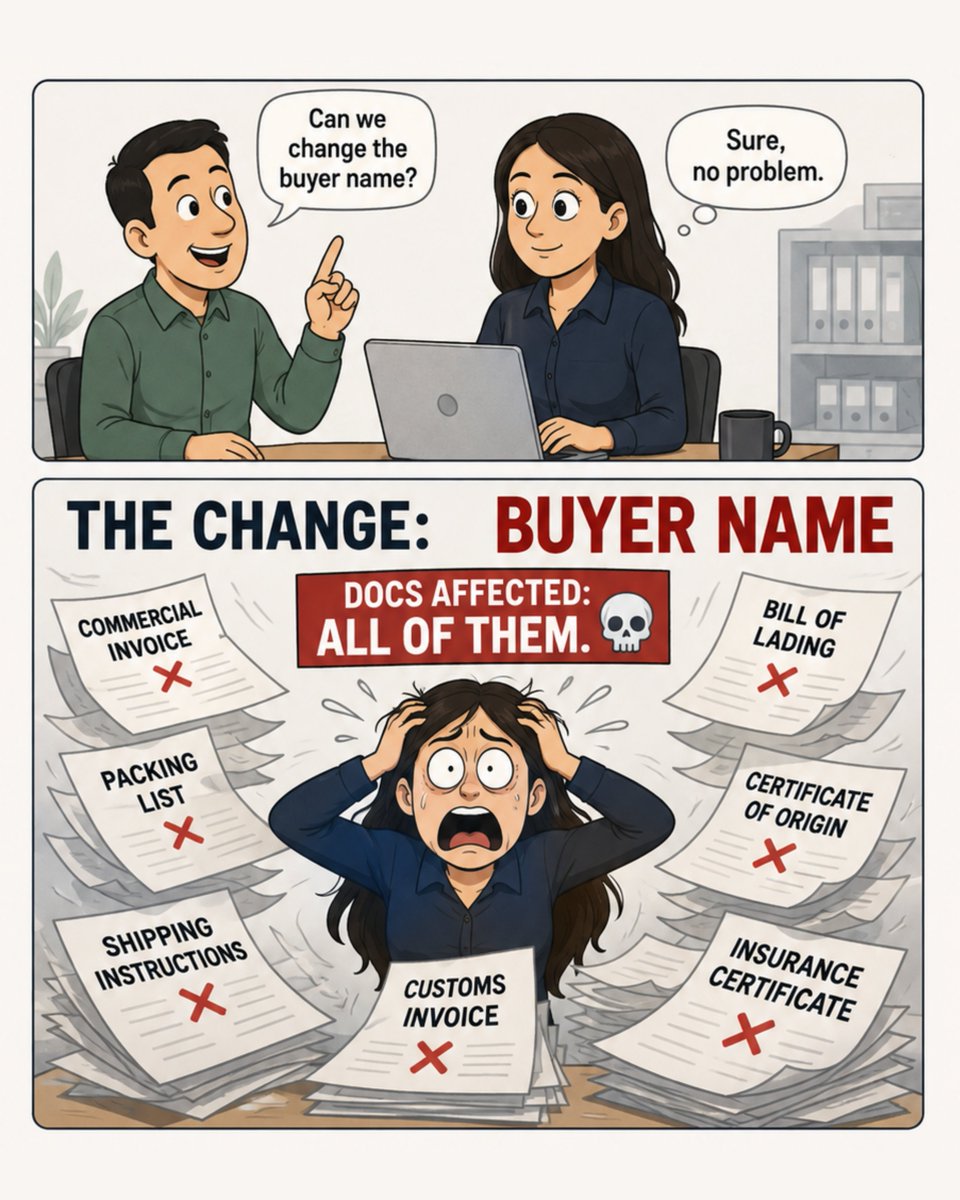 niryatsetu1's tweet photo. When the buyer says, “Just one small change.” 💀
Buyer name changed = every export document enters revision mode. 😂📄
One change. 10 documents. Infinite headaches.
#export #exim #exportbusiness #tradesmarter https://t.co/mSPZKXvya2