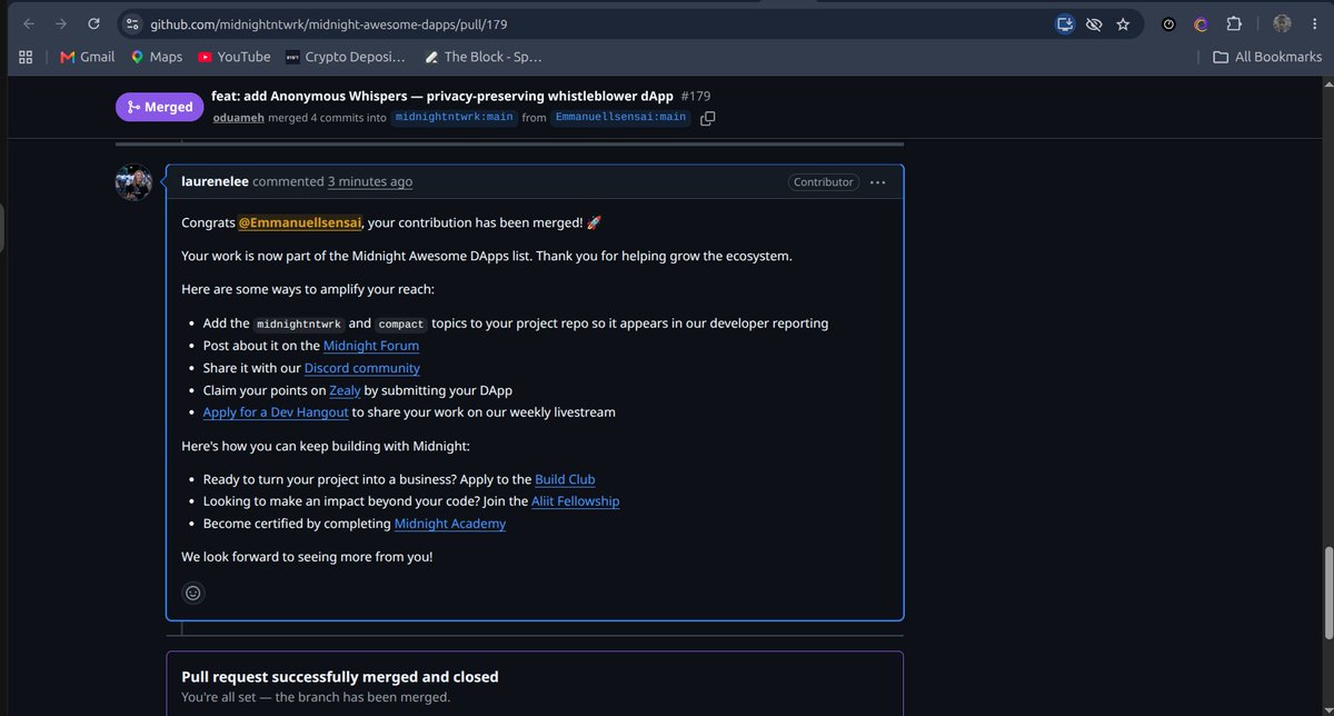 emmanuellsensai's tweet photo. Just got @AnonymousWhispr merged into the official 
@MidnightNtwrk Awesome DApps list!

A privacy-preserving whistleblower dApp built with Compact and the Midnight SDK. 

Reporters submit encrypted reports with zero sender identity on-chain.

Repo: https://t.co/fTAMpifoVp
Demo: https://t.co/j0QvFA5NXP

#Midnight #ZeroKnowledge #Web3 #BuildOnMidnight #tech