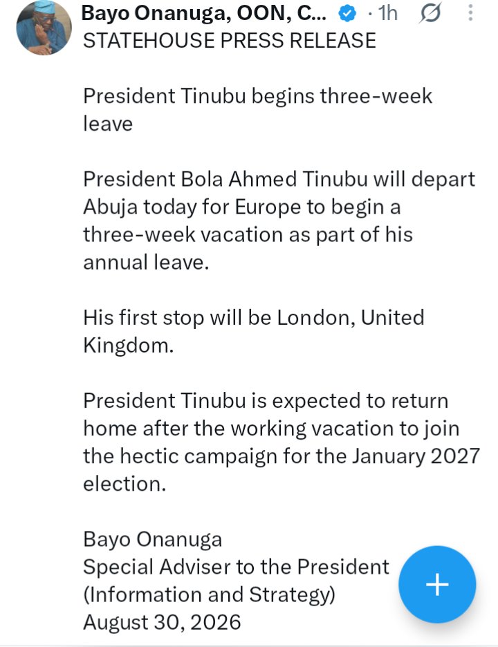 Real_Per4mance's tweet photo. President Tinubu's decision to travel to Europe for a 3-week vacation amidst the economic hardship faced by Nigerians is insensitive. https://t.co/XBljdQiAKt