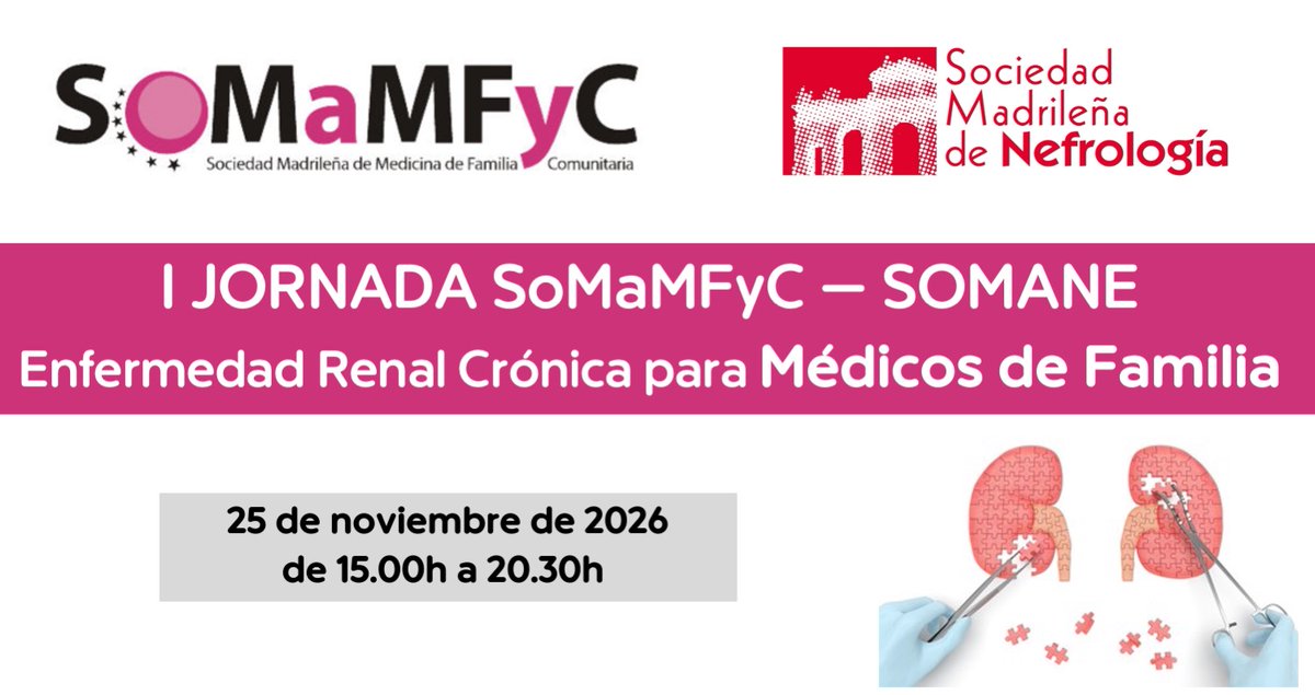 SOMANEorg's tweet photo. I Jornada SoMaMFyC - SOMANE 🏥
Enfermedad renal crónica para Médicos de Familia 🩺
Con varias ponencias y tres talleres muy interesantes 🌟
🗓️ 25 de noviembre
📍 Sede de la SoMaMFyC
🎟️ 75 plazas
#SOMANE #Nefrología
https://t.co/YKIaOFwq6U https://t.co/yzKhakTLMo