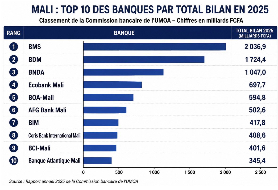 Financialafrik's tweet photo. #Mali : le top 10 du secteur #bancaire
#BMS et #BDM ont pris leurs distances. Le classement 2025 de la Commission bancaire de l’UMOA confirme la domination des deux poids lourds du système bancaire malien, devant #BNDA. Derrière ce trio national, #Ecobank, #BOA, #AFG, #BIM -Attijariwafa , #Coris, #BCI et Banque Atlantique se disputent un deuxième peloton nettement plus compact…
https://t.co/MmCBPgjbQk