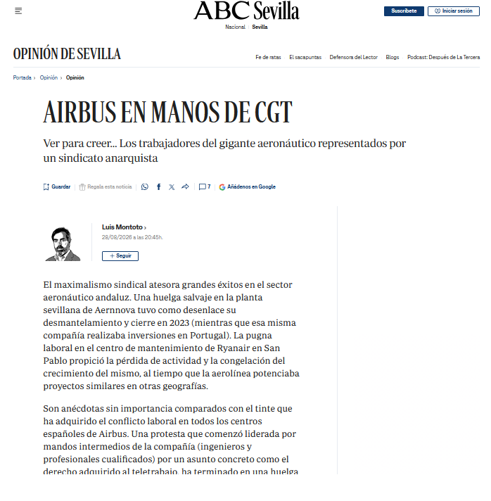 CGT's tweet photo. .@LMontotoR destila en @abcdesevilla el rancio clasismo patronal escandalizándose de que “ingenieros y profesionales cualificados” se unan a una #huelga indefinida en @Airbus con #CGT. Está dolido, al parecer, por el hecho de que la corbata no haya nublado la conciencia de clase. https://t.co/iEQk8Pj6Js