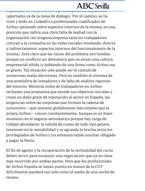 CGT's tweet photo. .@LMontotoR destila en @abcdesevilla el rancio clasismo patronal escandalizándose de que “ingenieros y profesionales cualificados” se unan a una #huelga indefinida en @Airbus con #CGT. Está dolido, al parecer, por el hecho de que la corbata no haya nublado la conciencia de clase. https://t.co/iEQk8Pj6Js