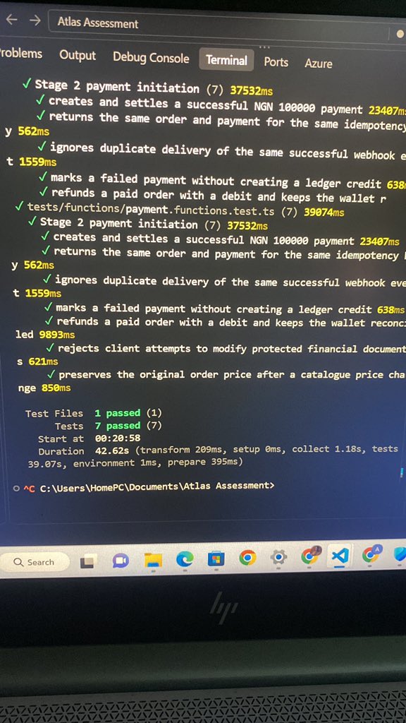 manuel_stack's tweet photo. 7/7 tests passing. ✅

Stage 2 payment flow is green idempotency, webhooks, failures, refunds, authorization &amp; price snapshots all covered.

Built. Tested. Verified. 🚀 https://t.co/gT6B1WgEA5